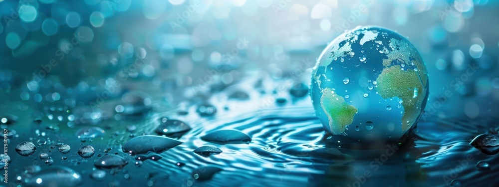 Globe adorned with water droplets, conservation symbols, showcasing global water preservation significance Globe adorned with water droplets, conservation symbols, showcasing global water preservation significance