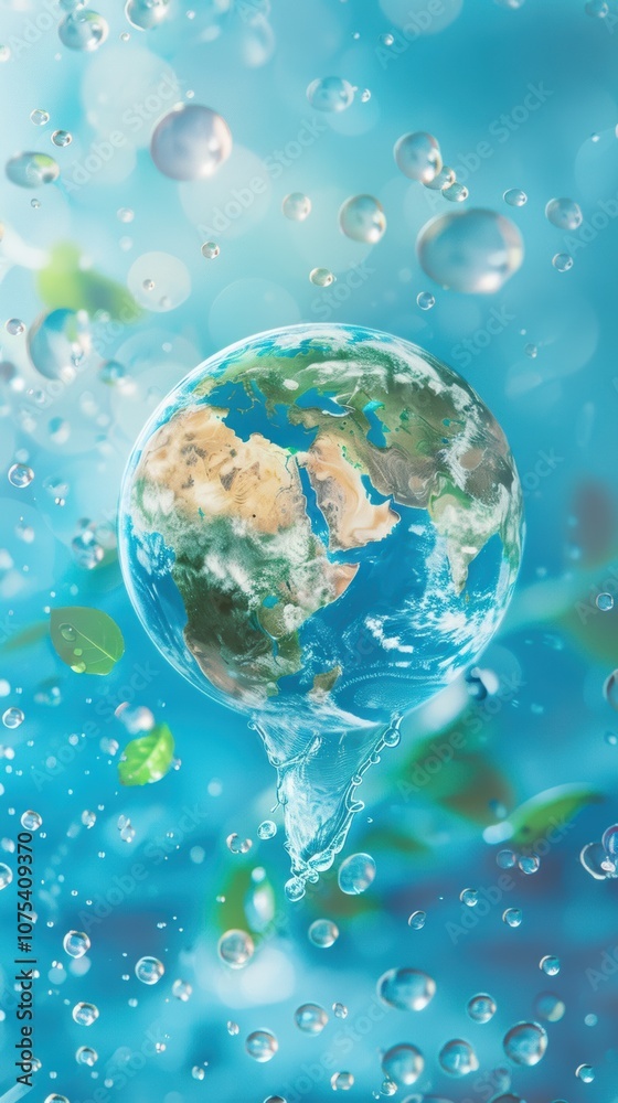 Globe adorned with water droplets, conservation symbols emphasizing global water preservation significance Globe adorned with water droplets, conservation symbols emphasizing global water preservation significance