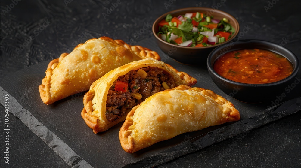 halal street food cuisine. Golden, crispy empanadas filled with savory ingredients, served with fresh salsa and a flavorful dipping sauce on a dark surface. halal street food cuisine. Golden, crispy empanadas filled with savory ingredients, served with fresh salsa and a flavorful dipping sauce on a dark surface.