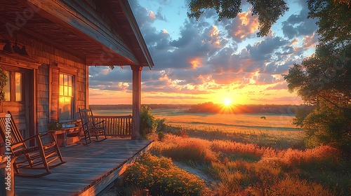 A rustic wooden cabin with a porch overlooking a field at sunset.