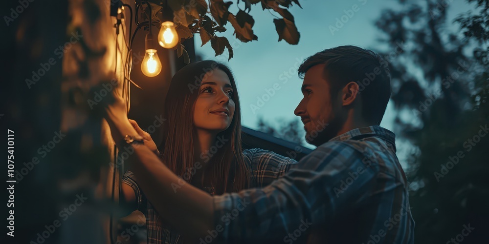Obraz premium Woman assisting a man changing an outdoor light, symbolizing helpfulness and adjustment