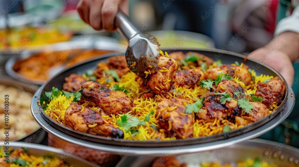 halal street food cuisine. A hand serves flavorful biryani, featuring vibrant yellow rice and succulent chicken, garnished with fresh herbs in a bustling market setting.