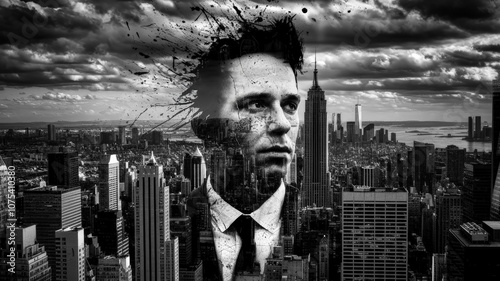 Black and White Double exposure of a man, New York city's skyline in the background, with paint and ink splatter scattered around the image.