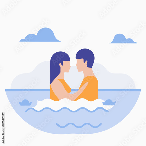 A couple is in the water, holding hands and smiling. Scene is happy and romantic