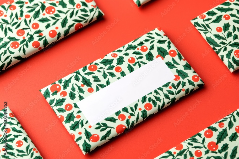 A beautifully decorated envelope featuring festive patterns of holly and red berries, set against a vibrant red background. A beautifully decorated envelope featuring festive patterns of holly and red berries, set against a vibrant red background.