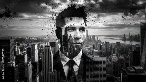 Black and White Double exposure of a man, New York city's skyline in the background, with paint and ink splatter scattered around the image.