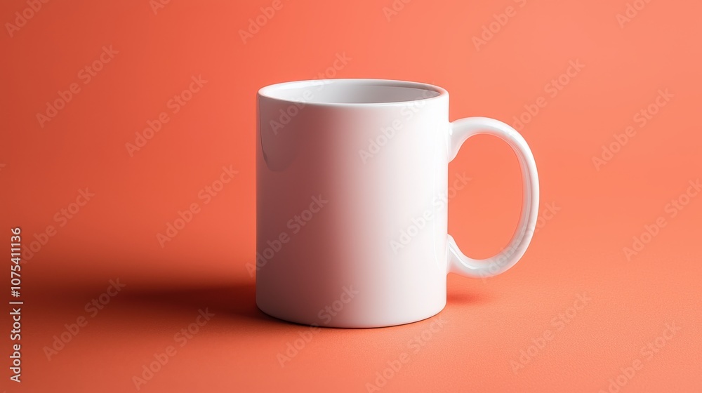 A simple white mug on a coral background, suitable for beverages or decoration. A simple white mug on a coral background, suitable for beverages or decoration.