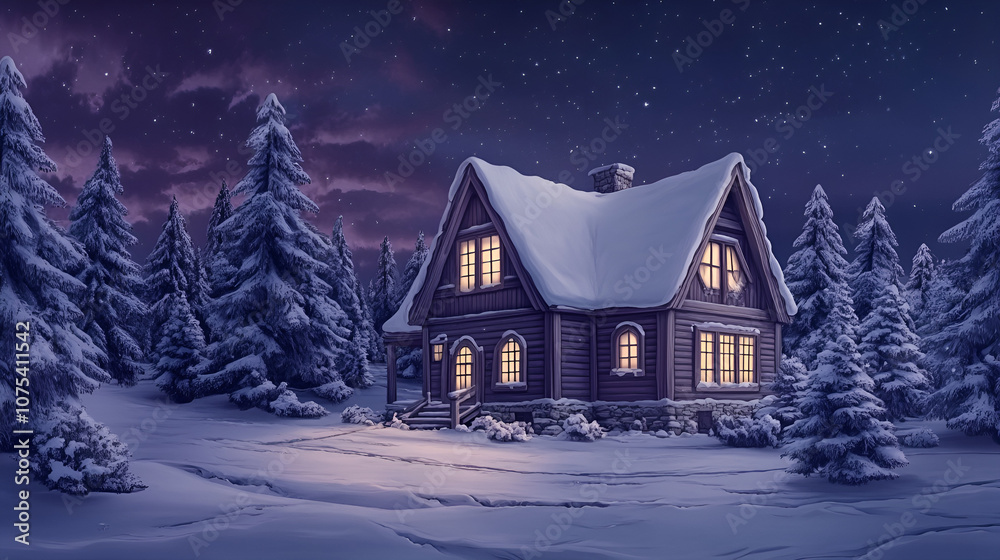 Naklejka premium Cozy cabin in a snowy landscape, starry night sky, warm lights illuminating the windows