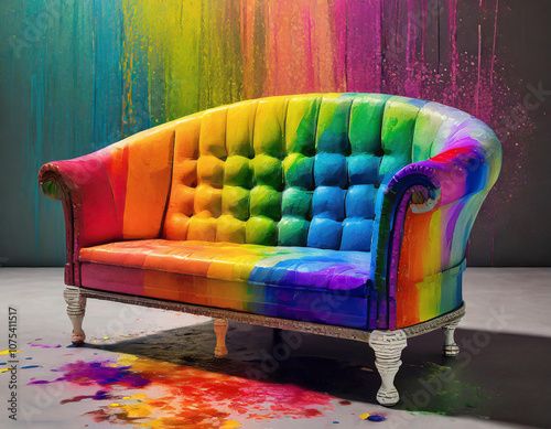 3d model of rainbow coloured art deco sofa, visually stereophonic by the technique of paint splattering and claymation - generated by ai