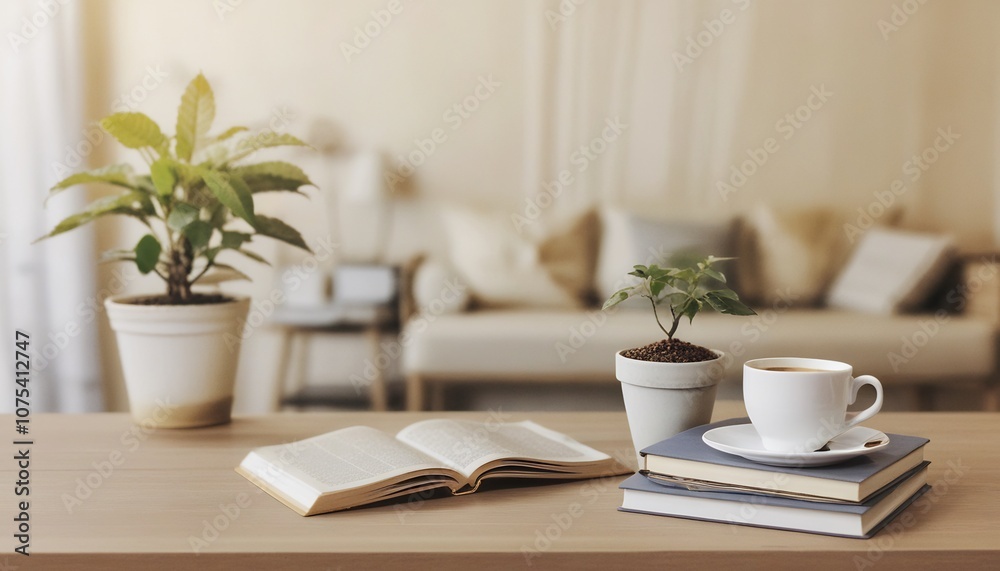 Obraz premium A copy space on a wooden desk features books, a coffee cup, and a potted plant in a living room. stock photo