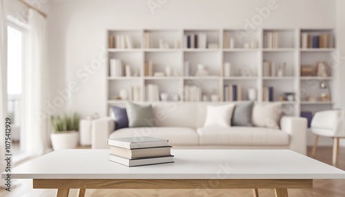 Copy space on a luxury white tabletop over a blurred modern white living room with large bookshelves stock photo