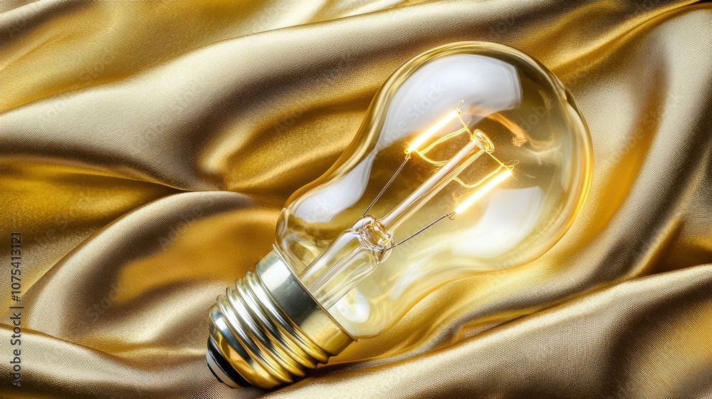 A glowing light bulb resting on luxurious golden fabric, symbolizing innovation and ideas. A glowing light bulb resting on luxurious golden fabric, symbolizing innovation and ideas.