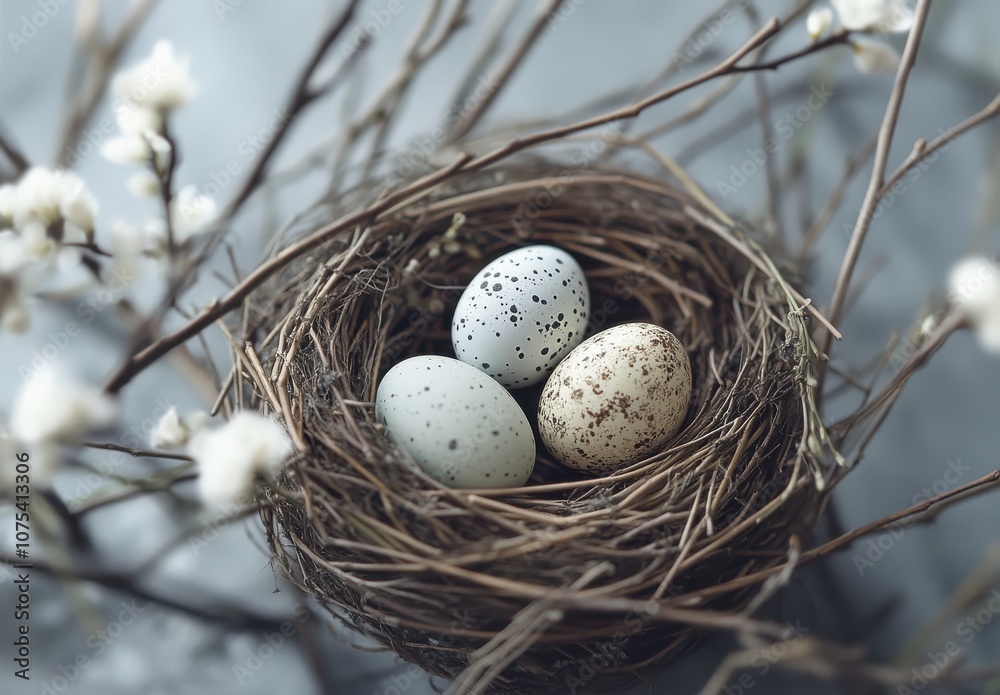 Obraz premium Easter Eggs in Nest with Flowers on Grey Background