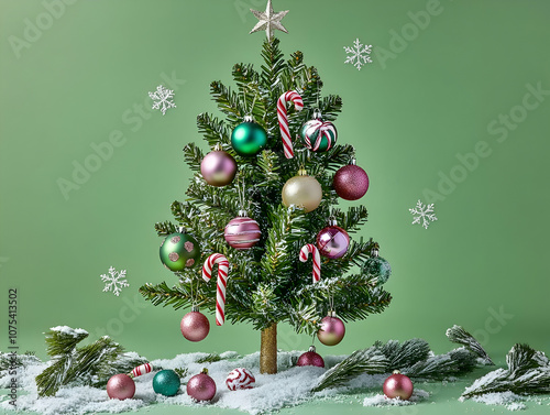 A festive mini Christmas tree decorated with colorful ornaments and candy canes on a snowy base. photo