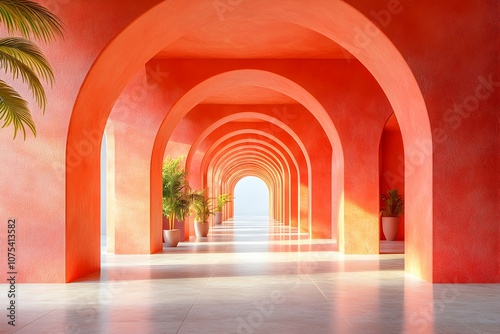 A bright, airy hallway lined with red arches and potted plants leads to a sunny sky.