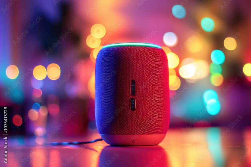 A colorful smart speaker with vibrant lighting, set against a blurred background. A colorful smart speaker with vibrant lighting, set against a blurred background.