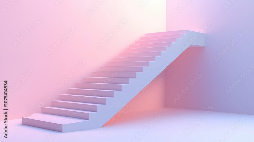 A white staircase with pink steps is shown against a white wall A white staircase with pink steps is shown against a white wall