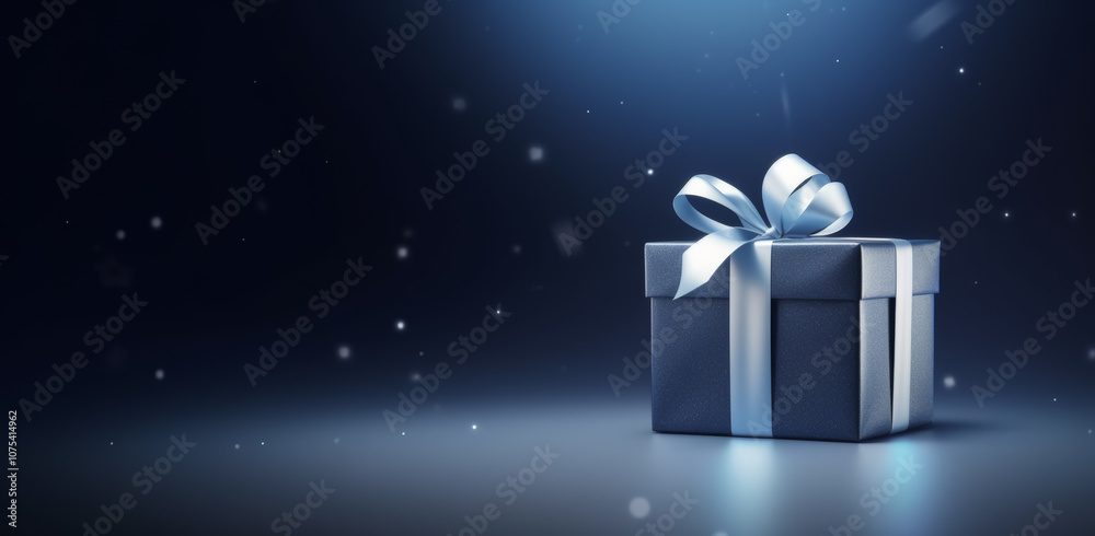Stylish gift box with light blue bow, perfect for christmas, birthday or winter holidays, on a dark blue background with soft falling snowflakes Stylish gift box with light blue bow, perfect for christmas, birthday or winter holidays, on a dark blue background with soft falling snowflakes