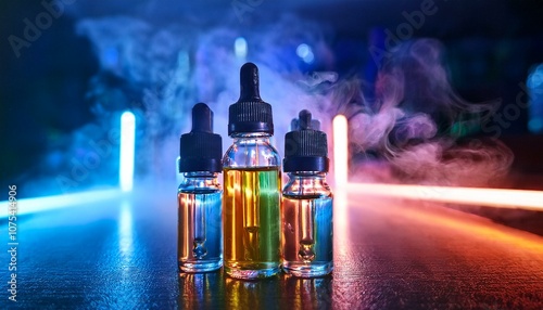 three vials of e liquid rest on a bar counter with neon lights and smoke photo