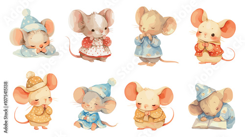 Watercolor cute mouse. Cartoon animal baby character clothes dress hat, little sleep mascot for kids set vector illustration
