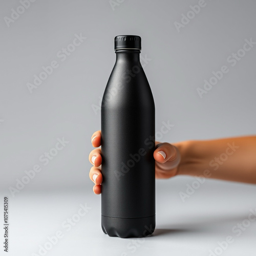 Close-up of male hand holding black reusable steel stainless thermo water bottle isolated on background