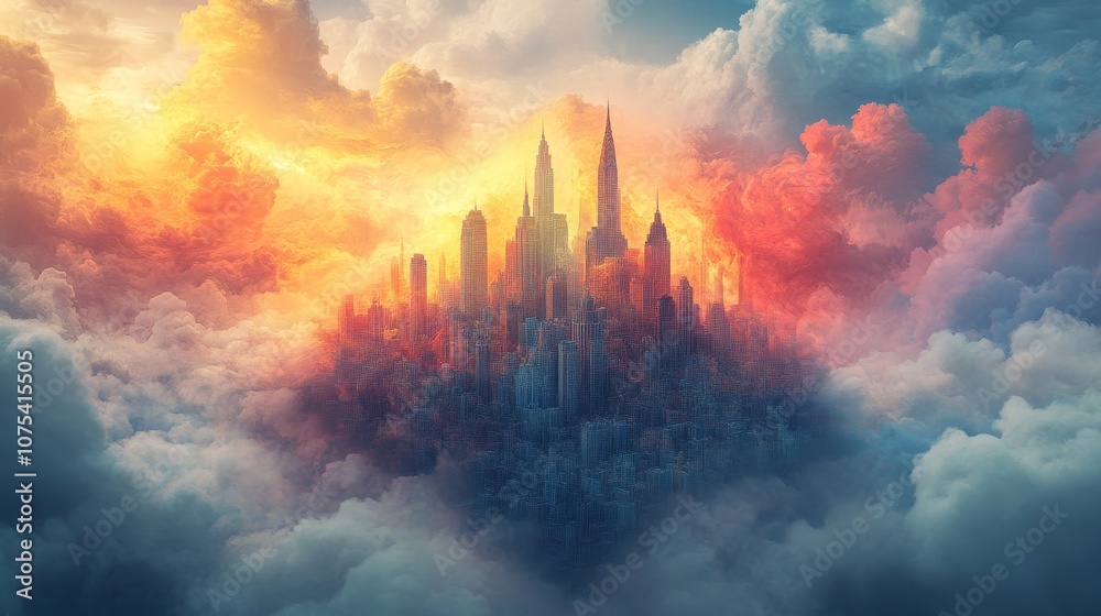 Obraz premium A City Built on Clouds with a Sunset Sky