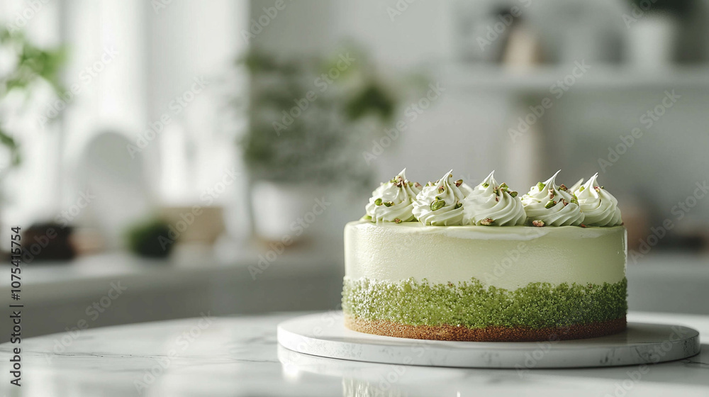 A delicious cake with cream and pistachio on a white marble counter