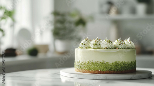 Obraz na płótnie A delicious cake with cream and pistachio on a white marble counter w salonie