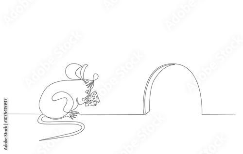 A mouse holds cheese in front of its house. Continuous one line cartoon hand drawn isolated on white background, Rat Hole Line Art vector illustration, Editable stroke