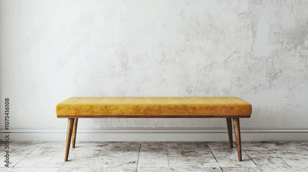 A yellow bench sits in front of a white wall