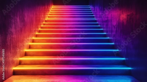 Concrete Staircase Illuminated by Neon Lights
