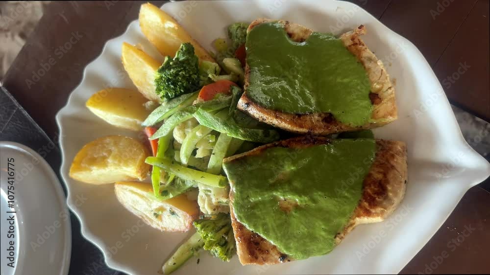 alimento peixe com molho pesto 