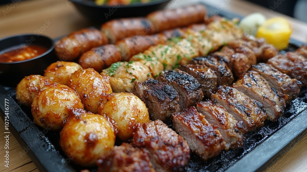 Close-up of a platter of grilled meat, sausages, and potatoes Close-up of a platter of grilled meat, sausages, and potatoes