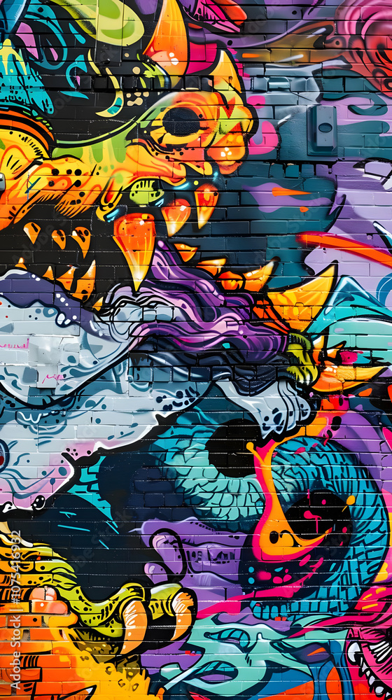 vibrant street art poster featuring a dynamic abstract face with bold colors. generative ai