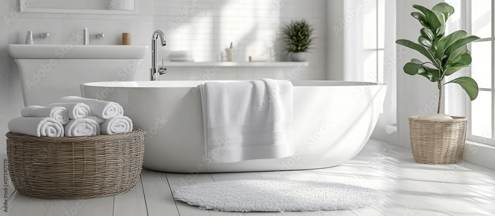 Bright and airy white bathroom featuring modern fixtures and plush towels ideal for creating a relaxing spa like atmosphere Bright and airy white bathroom featuring modern fixtures and plush towels ideal for creating a relaxing spa like atmosphere
