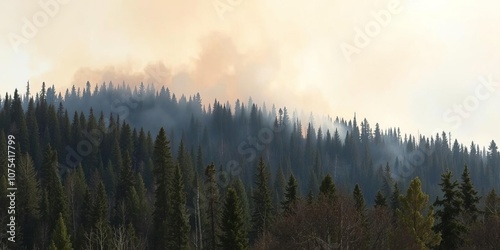 Dense forest fire smoke rises above the treetops near Skaha Lake in the Okanagan Valley of British Columbia, mountains, forest fire photo