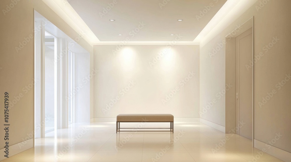 Fototapeta premium A white room with a bench in the middle