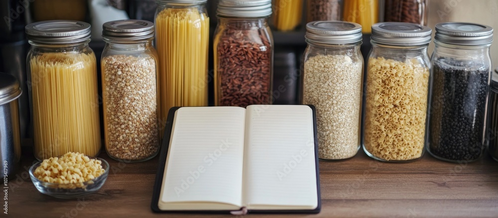 Blank notebook accompanied by an array of grains cereals and pasta in glass jars perfect for meal planning and recipe organization Blank notebook accompanied by an array of grains cereals and pasta in glass jars perfect for meal planning and recipe organization