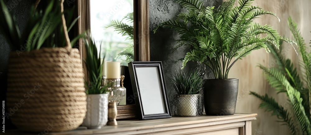 Fototapeta premium Artificial houseplant elegantly placed next to a mirror and blank frame on a table enhancing interior decor aesthetics