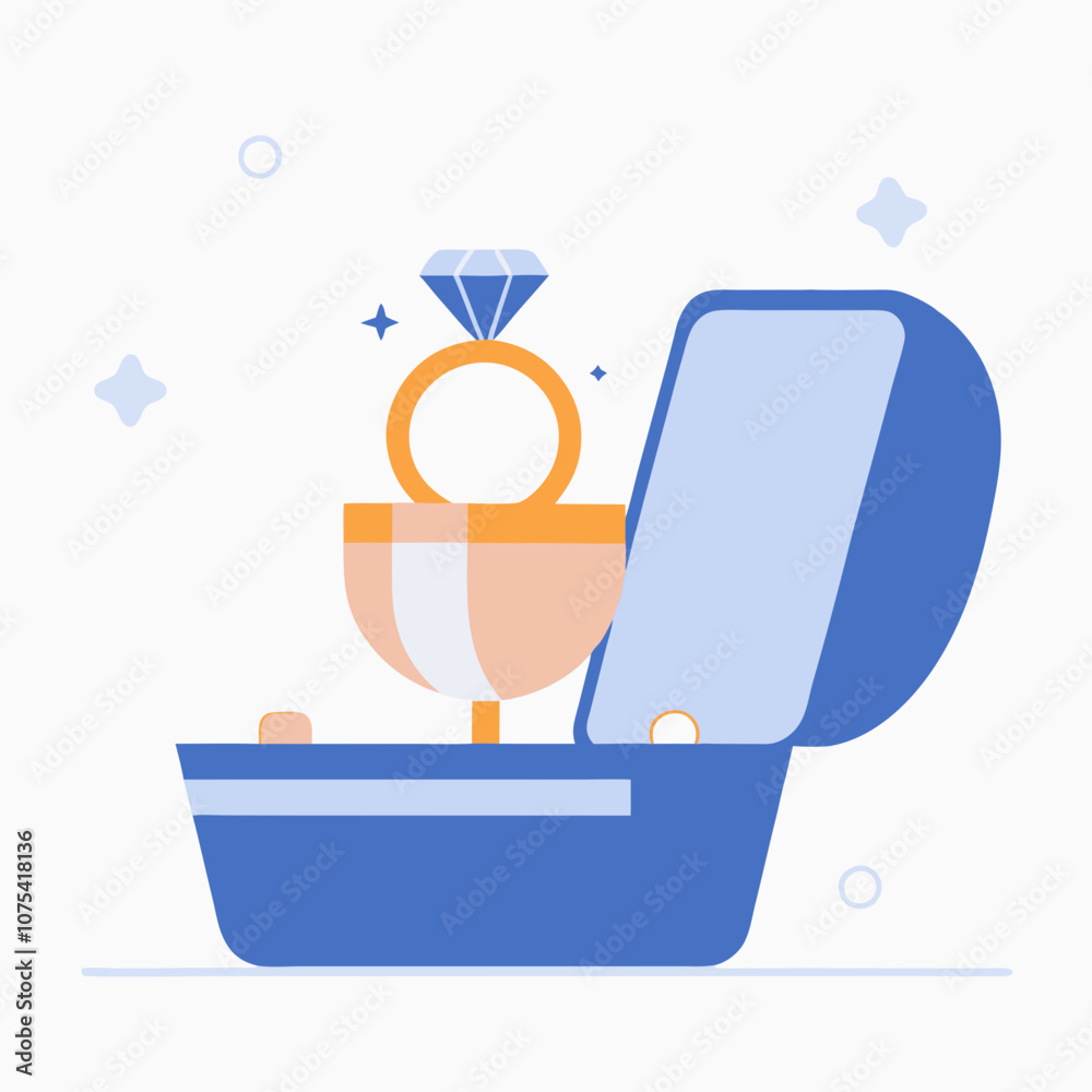 A ring is inside a blue box. The ring is surrounded by diamonds. The box is open A ring is inside a blue box. The ring is surrounded by diamonds. The box is open