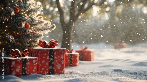Christmas Presents Under Snowy Tree with Falling Snow