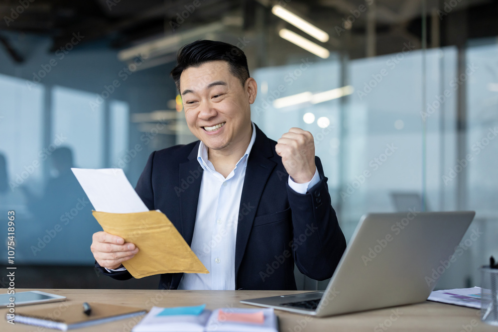 Asian young male businessman sitting in the office at the desk, holding an open envelope in his hands, reading a reminder letter and happy with the news, showing a victory gesture with a yes hand Asian young male businessman sitting in the office at the desk, holding an open envelope in his hands, reading a reminder letter and happy with the news, showing a victory gesture with a yes hand