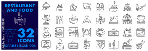 Restaurant Cooking Food icon collection Editable Stroke Line Icon  Containing meal, dishes, fast food, drinks, eating, delivery, cuisines, Kitchen and Candle Light and more vector line icon set.
