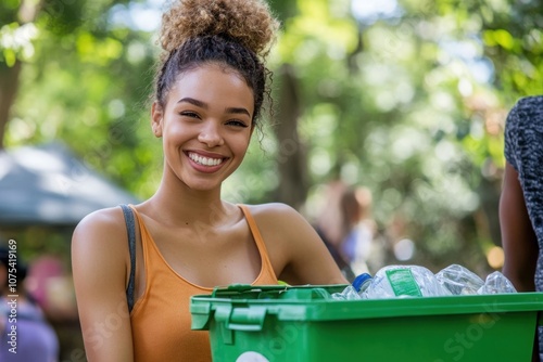 Young woman leading a community recycling drive in a green park environment photo