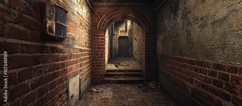 Abandoned corridor featuring weathered brick walls in a forgotten mansion evoking decay and mystery