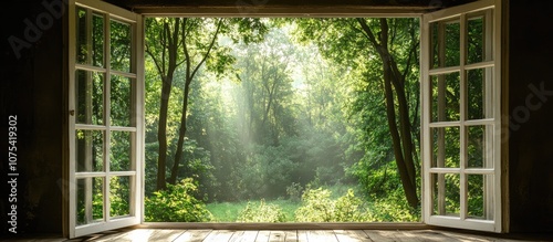 Bright white window framing a picturesque view of lush green woods perfect for nature inspired interior decor