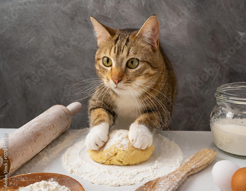 A brown tabby cat kneading dough to make biscuits with flour on his paws - generated by ai photo