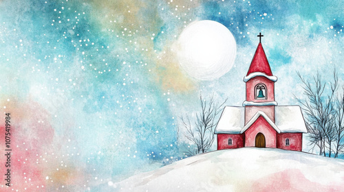 charming winter scene featuring red roofed church on snowy hill, surrounded by colorful, dreamy sky with snowflakes falling gently. moon adds serene touch to landscape photo