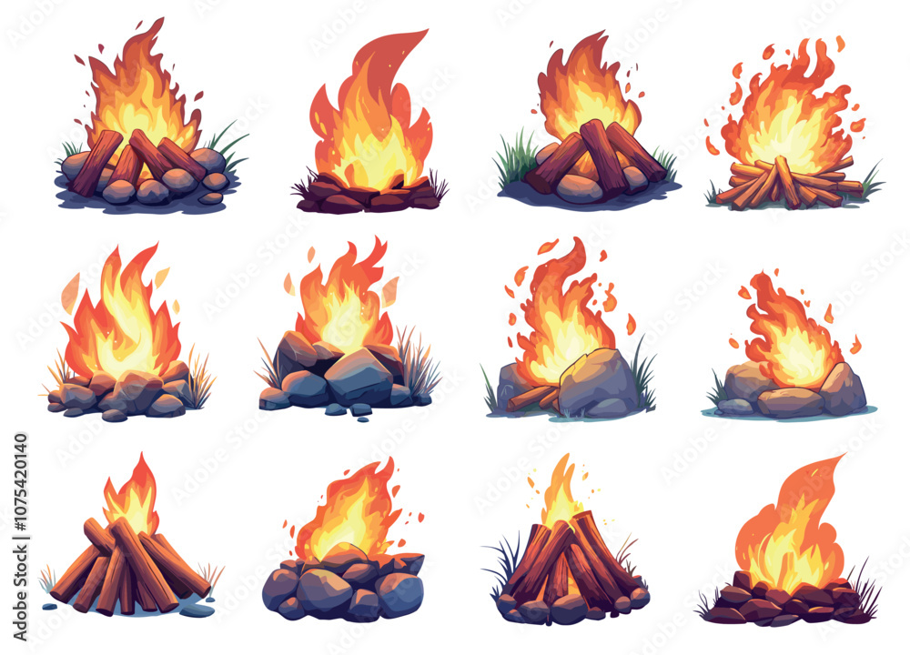 Wood campfire. Cartoon bonfire stone fireplace, camping wooden logs firewood fire flame set vector illustration