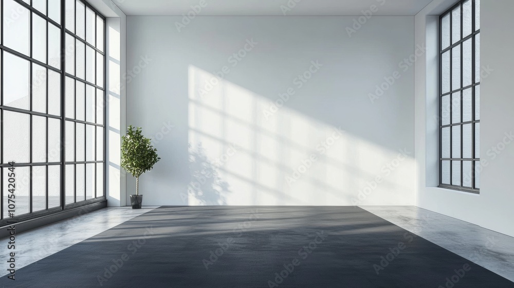 A large room with a window and a potted plant A large room with a window and a potted plant